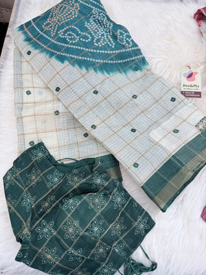 Linen Silk Blend Saree with Bandhani Style Print & Embellished Border, Indian Wedding Festive Saree with Stitched Blouse, S- 3093