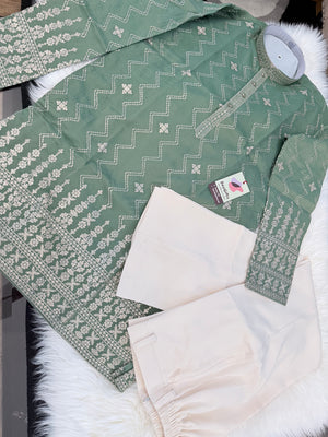 Men’s Sage Green Embroidered Kurta Pajama Set – Shorter Kurta with Ivory slight bootcut-style Pants, Indian Wedding & Festive Ethnic Wear, KP - 4004