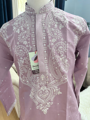 Lavender Shade Trendy Kurta Pajama for Men with Intricate White Embroidery, Wedding & Festive Indian Outfit, KP-1417