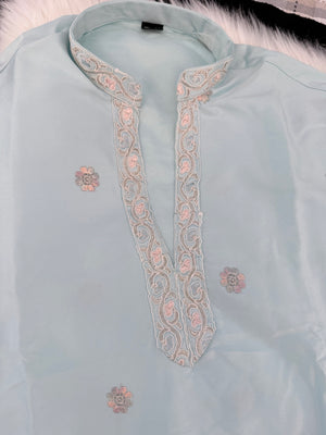 Men’s SkyBlue Shorter Kurta with Parallel Pants | Floral Embroidery Kurta Pajama Set | Indo-Western Wedding & Festive Kurta Set, KP - 4065