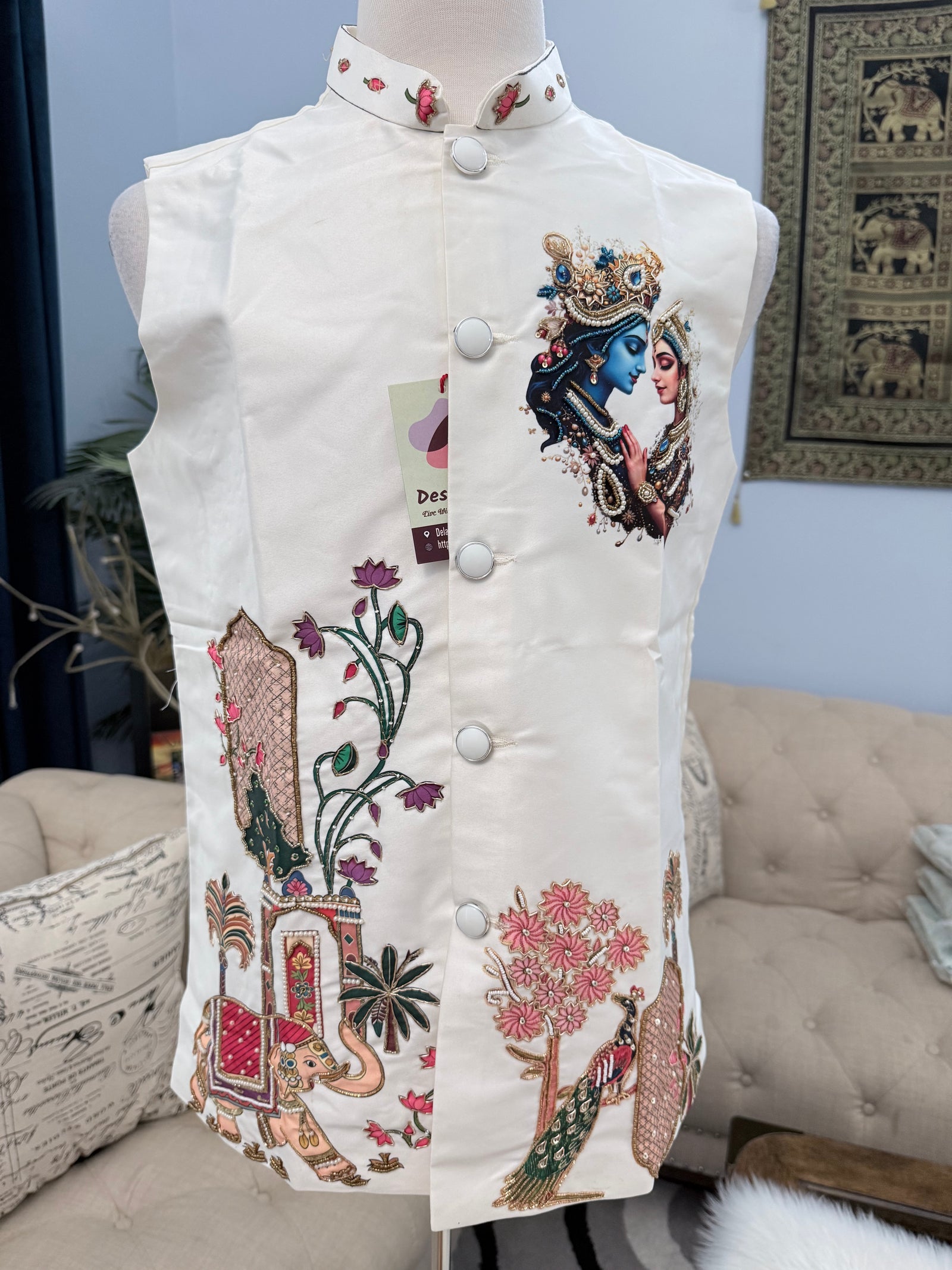 Men’s Ivory Radha Krishna Jacket | Embroidered Indian Waistcoat with Peacock & Elephant Design | Festive Modi Jacket | J-4051