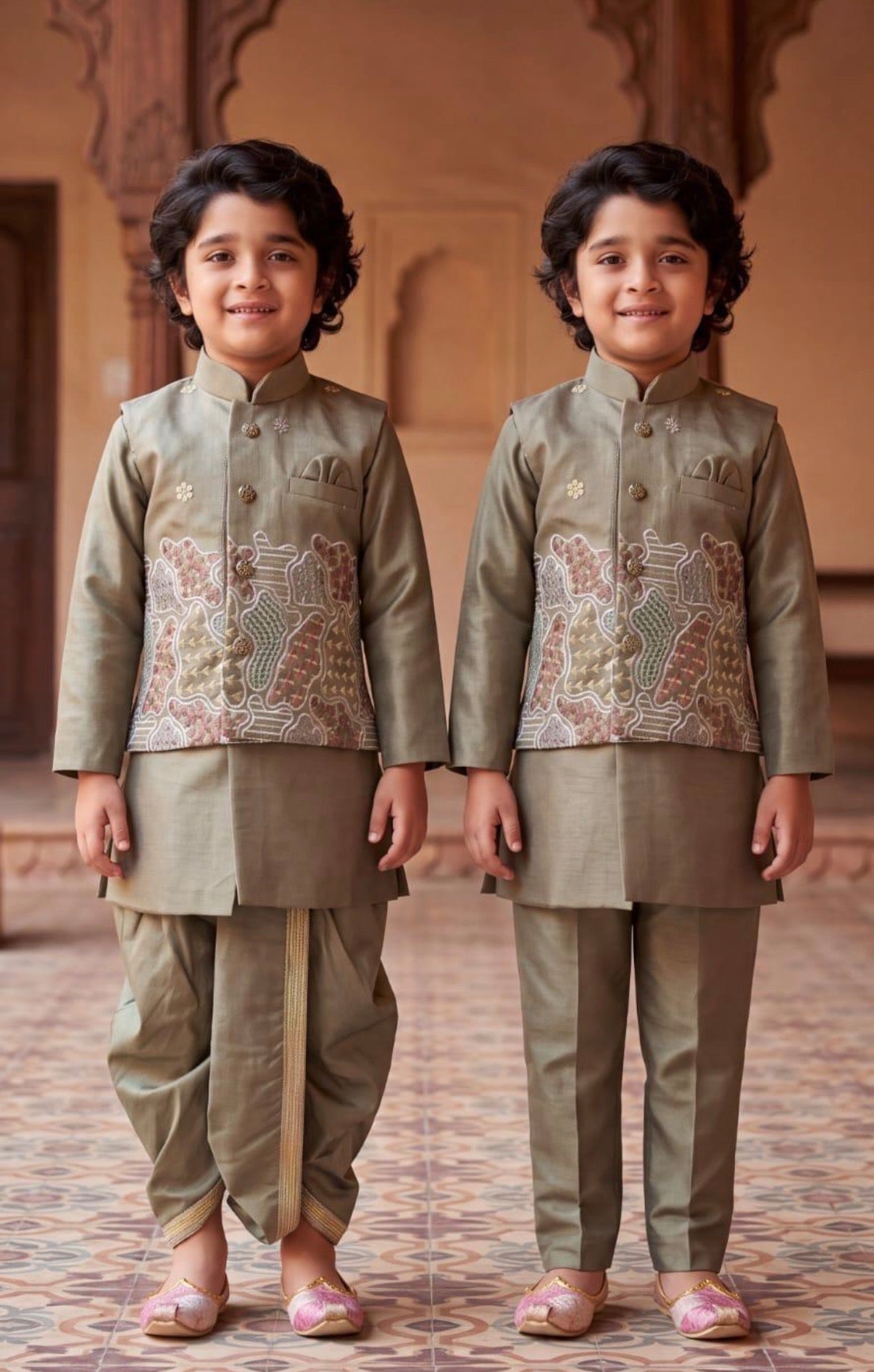 Boys Dusty Olive Green Kurta Pajama Set with Floral Jacket | Dhoti and Pajama| Indian Wedding Festive Ethnic Wear for Kids, B-4054