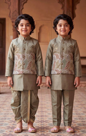 Boys Dusty Olive Green Kurta Pajama Set with Floral Jacket | Dhoti and Pajama| Indian Wedding Festive Ethnic Wear for Kids, B-4054