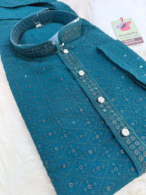 Teal Shade Chikankari Embroidery with Sequins 2 Piece Viscose Rayon Kurta Pajama Set, Indian Partywear Kurta SetKP-1979