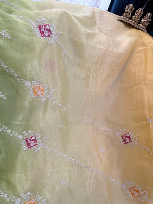 Soft Silk Blend Saree with Floral Embroidery, Ombre Effect | Stitched Blouse Included | Fall & Pico Done | Wedding, Festive & Party Wear, S- 3082