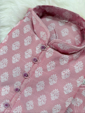 Men’s Onion Pink Banarasi Silk Blend Kurta Pajama Set White Woven Buti, Kurta with Trouser Pants, Indian Festive Wedding Wear – KP- 3076