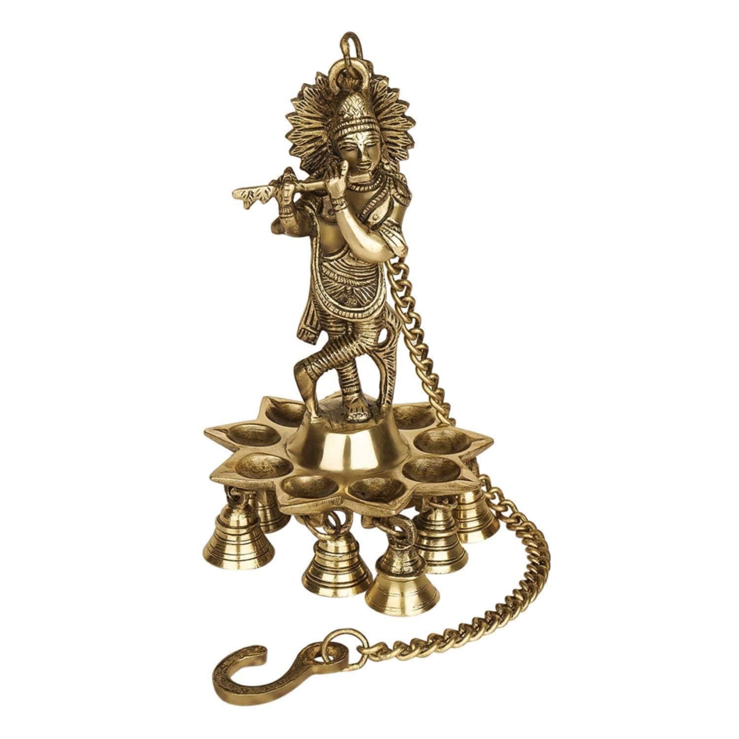 Krishna Wall Hanging ~8" Idol Oil Lamp with Bells & ~20" Chain in Brass, Hanging Oil wick Krishna Decor,  Deepak, Deepam, RKSB- 1462