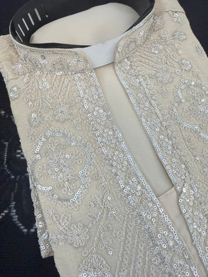 Men’s Champagne Beige Embroidered Kurta with with Parallel Pants | Textured Silk Blend Wedding Kurta Pajama Set | Festive Indian Ethnic Wear, KP - 4046
