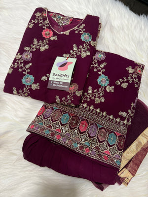 Girls’ Indian Ethnic Palazzo Suit – Dark Wine Shade with Heavy Embroidery & Sequins, GRL -1947