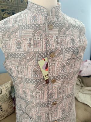 Men’s Light Blush Pink with Gray Woven Design Brocade Nehru Jacket – Indian Wedding Waistcoat, Festive Ethnic Modi Jacket, J-3076