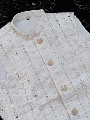 Festive White Ethnic Jacket for Men – Pastel Thread Embroidery with Sequins – Heavy Thread Work Wedding Waistcoat | J-3032