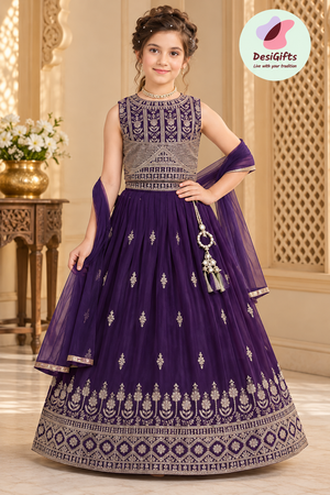 Girls Deep Purple Lehenga Choli with Dupatta | Gold Embroidered Indian Wedding Outfit | Girls Diwali Festive Party Wear, G - 4501
