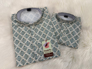 Teal Shade 2-Piece Kurta Pajama Set – Father & Son Outfit | Premium Cotton Jacquard with Zari & Sequin Detailing, DM-2044