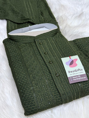 Exquisite Chikankari Sequins 2 Piece Kurta Pajama Set for Man, Dark Green Shade, Embroidered Party Man's Wear, KP - 1939