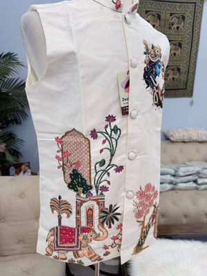 Men’s Ivory Radha Krishna Jacket | Embroidered Indian Waistcoat with Peacock & Elephant Design | Festive Modi Jacket | J-4051