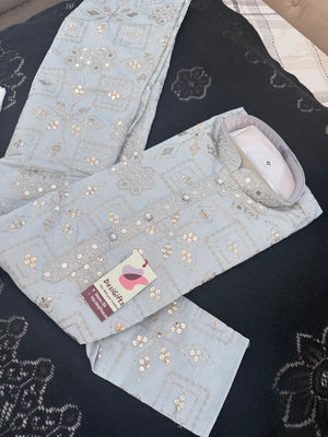 Men’s Ice Blue Embroidered Kurta Pajama Set | Silver Zari-Style, Sequin Work | Indian Wedding Wear, KP-4026