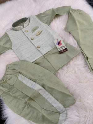 Green Shade 4 Piece Boy's Cotton  Silk Ethnic Kurta with Jacket, Dhoti and Pajama- Design B-2005