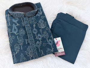 Men’s Deep Teal Blue with Silver Embroidered Kurta Pajama Set with Sequin Accents | Chikankari-Style Wedding & Festive Indian Outfit, KP- 3060