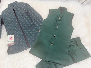Boy's Pine Green Shade Cotton Silk 3 Piece Indo Western Outfit,  Embroidered  Sequins Long Jacket with Pant , Boy's Sherwani Dress - B-3051