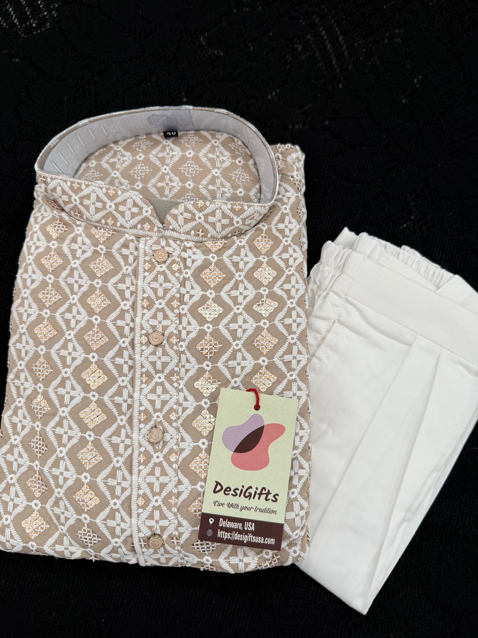 Tan Shade Men's Kurta Pajama set with Embroidery and Sequins. Two-piece Indian traditional outfit., KP - 2029