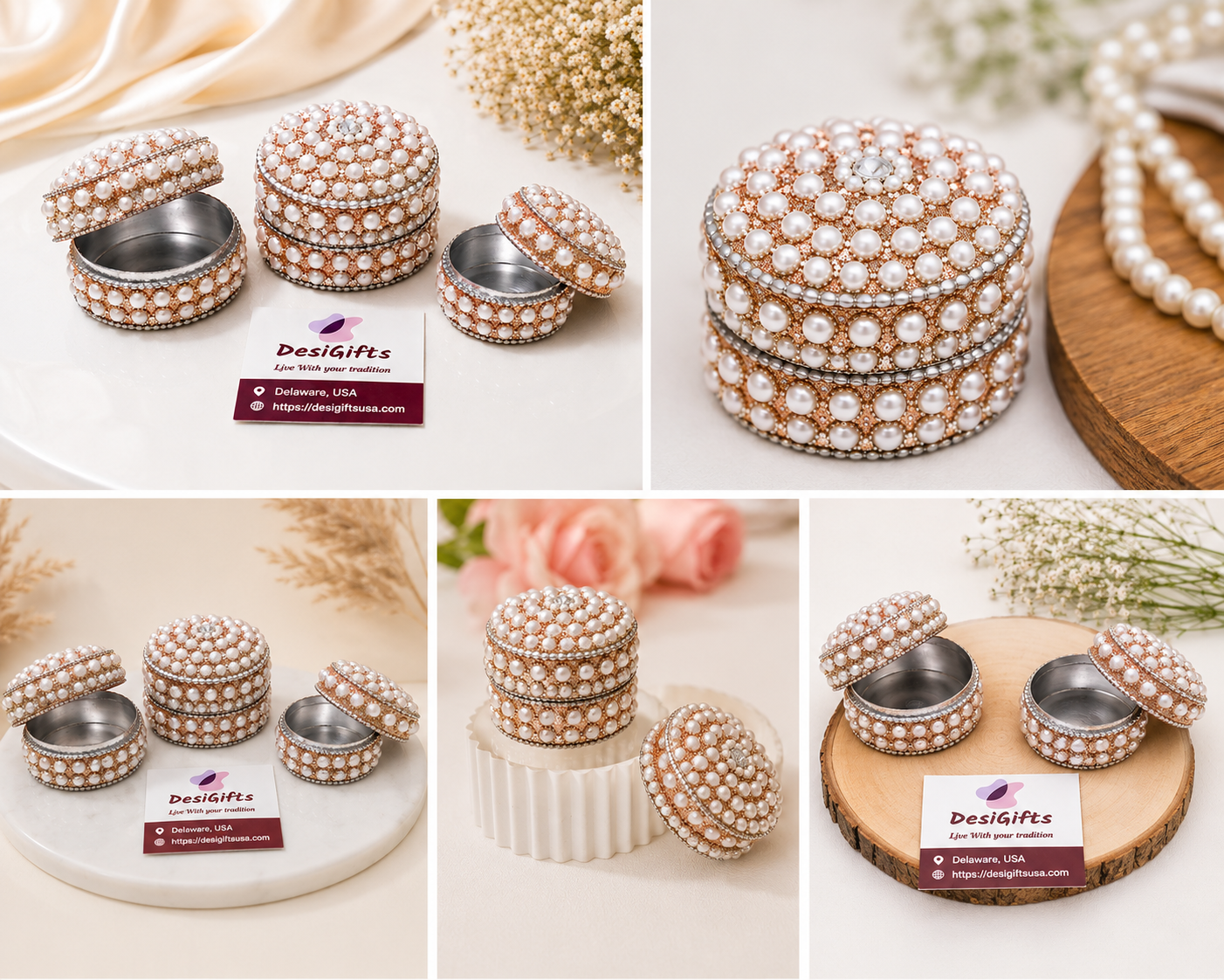 Elegant Set of 3 Hand-Decorated Pearl Dibbi Boxes – Assorted Colors, 3 Different Sizes, Decorative Gift & Jewelry Storage Boxes-DBA#163