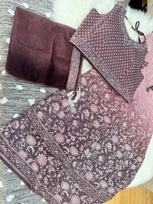 Women’s Ombre Lehenga Choli Set with Dupatta – Floral Embroidered Indian Wedding & Festive Outfit, Teal Pink, Wine Pink and Green Gray, LHG - 4006