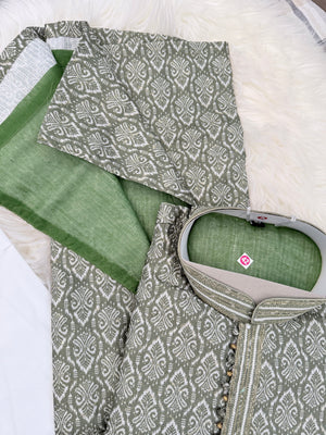 Men's Sage Green Printed Kurta Pajama Set | Designer Indian Ethnic Wear with Mandarin Collar | Wedding, Diwali & Festive Outfit, KP-4090