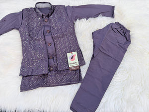 Boys Dusty Lavender Purple Sherwani Style Kurta Pajama with Embroidered Jacket | 3-Piece Indian Outfit- Design B-4060