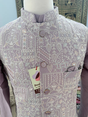 Men’s Pastel Purple 3-Piece Kurta Pajama with Heavy Embroidered Jacket, Wedding & Festive Ethnic Wear, KPJ-3079