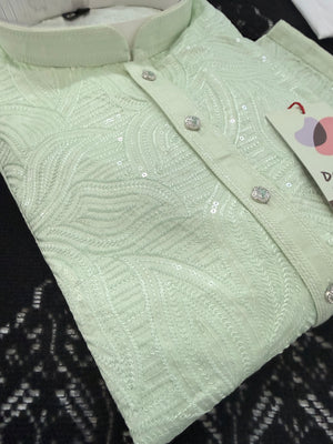 Light Green Jacquard Silk Kurta Pajama Set with Off-White Pant for Men – Self Design Ethnic Kurta, KPS-3027
