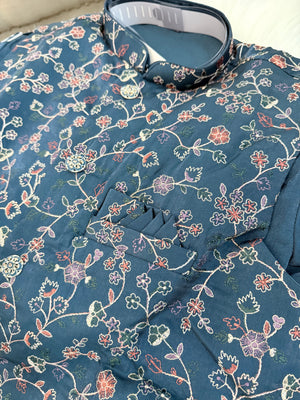3 Piece Dusty Navy Blue Kurta Pajama with Embroidery Jacket Set, Silk Blend Fabric with a Slight Sheen., Father & Son's Outfit, DM - 3022