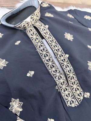 Men’s Navy Blue Shade Embroidered Kurta Pajama Set | Open Neck Kurta with Ivory Trouser Pants | Indian Wedding & Festive Wear, KP-4070