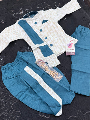 Boys 3 Piece Peacock Green Silk Blend Indian Dress Set with Sparkly Jacket, Dhoti & Pajama – Ethnic Wedding and Festive Outfit B-2022