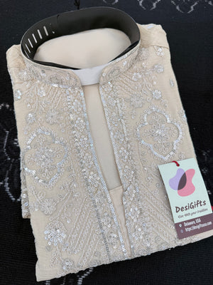 Men’s Champagne Beige Embroidered Kurta with with Parallel Pants | Textured Silk Blend Wedding Kurta Pajama Set | Festive Indian Ethnic Wear, KP - 4046