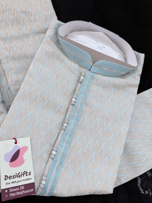Pastel Blue with Beige accents Jacquard Silk Kurta Pajama Set | Festive Kurta Pant Style Pajama, Man -3057