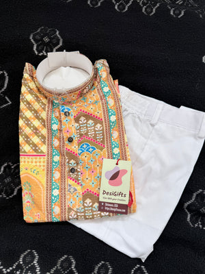 Multishade Boys’ Rayon Kurta Pajama Set with Sequins Work, Designer Printed Ethnic Outfit for Kids, Festive Wear – BOY-2088