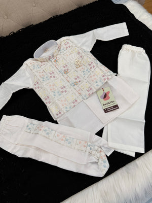 White Shade 4 Piece Boy's Cotton  Silk Ethnic Kurta with  Embroidery Jacket, Dhoti and Pajama- Design B-2020