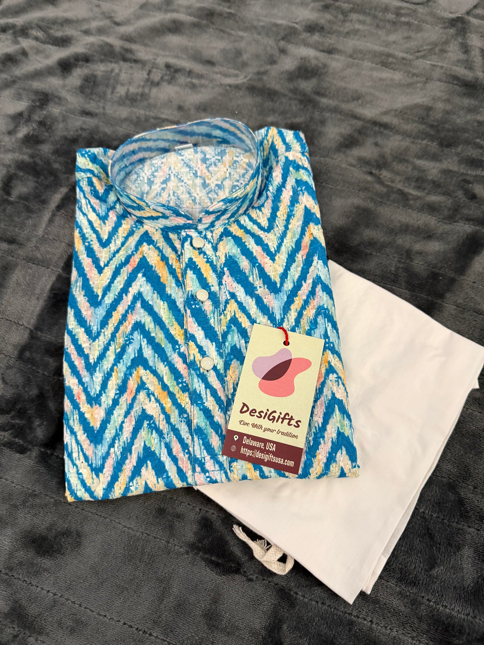 Blue Shade Boy's Cotton Blended Self Designer with Sequins Dress - Design BOY-1908