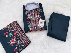 Graceful Navy Blue Embroidered Soft Silk Kurta Pajama Set for for Man, Festive Wedding Kurta Pajama with Dupatta , KP - 2035