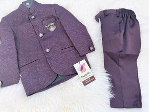 Boys Plum Purple Jacquard Indo-Western Suit Set | Paisley Bandhgala Jacket with Matching Pants | Wedding & Festive Wear- B-4050