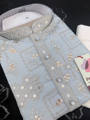 Men’s Ice Blue Embroidered Kurta Pajama Set | Silver Zari-Style, Sequin Work | Indian Wedding Wear, KP-4026