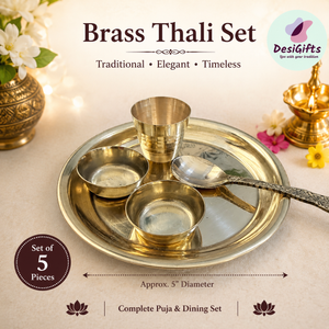 Brass Laddu Gopal Ji Thali Set – 5" Pooja Plate with 2 Bowls, Glass & Spoon | 5-Piece Bal Gopal Bhog & Seva Set- 498