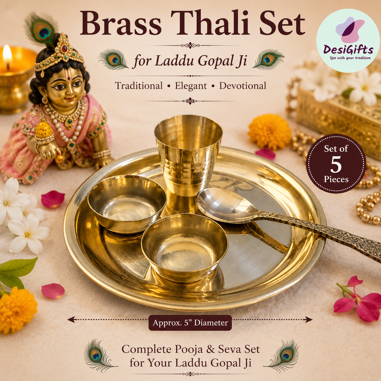 Brass Laddu Gopal Ji Thali Set – 5" Pooja Plate with 2 Bowls, Glass & Spoon | 5-Piece Bal Gopal Bhog & Seva Set- 498