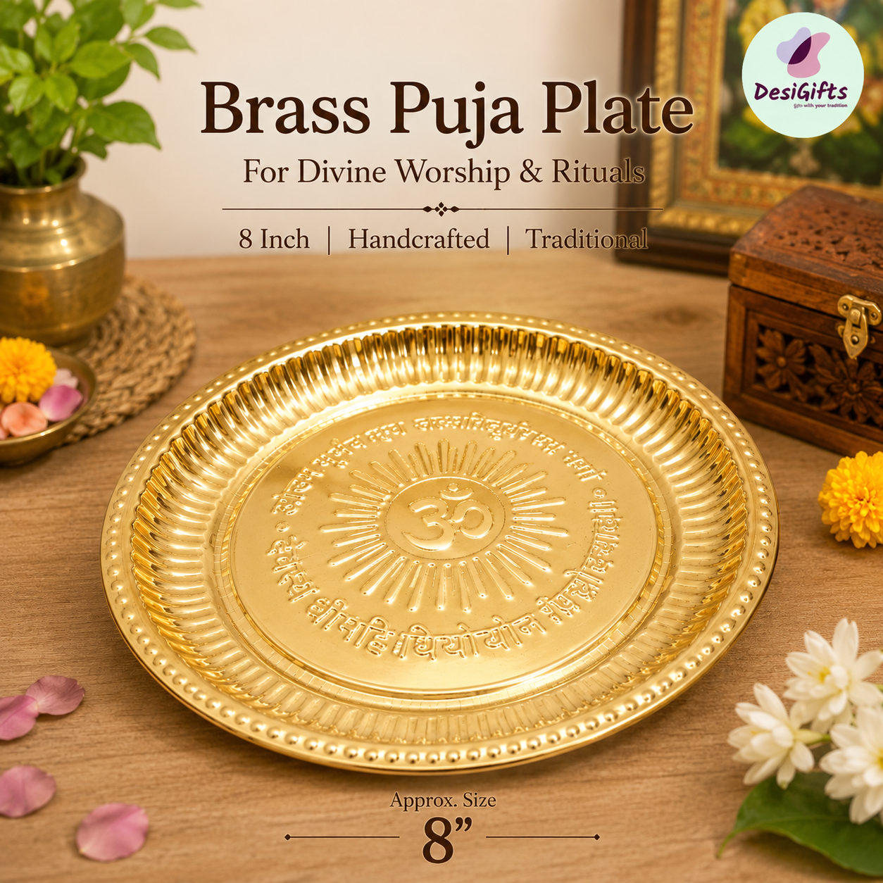 Traditional 8 Inch Brass Aarti Thali – Handcrafted Om Pooja Plate for Diwali, Navratri & Gifting, POJ- 499