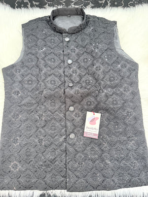 Premium Black Heavy Embroidered Jacket for Men – Sequin & Thread Work Wedding Waistcoat J - 3035