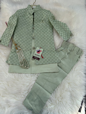 Boy's Green Shade Cotton Silk 3 Piece Indo Western Outfit,  Embroidered  Sequins Long Jacket with Pant , Boy's Sherwani Dress - B-2075
