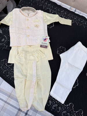 Boys Light Lemon Yellow Kurta Pajama Set with Geometric Self Design Jacket | Dhoti and Pajama | Indian Wedding Festive Ethnic Wear for Kids, B-4056