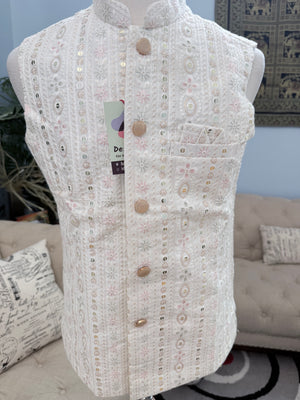 Festive White Ethnic Jacket for Men – Pastel Thread Embroidery with Sequins – Heavy Thread Work Wedding Waistcoat | J-3032
