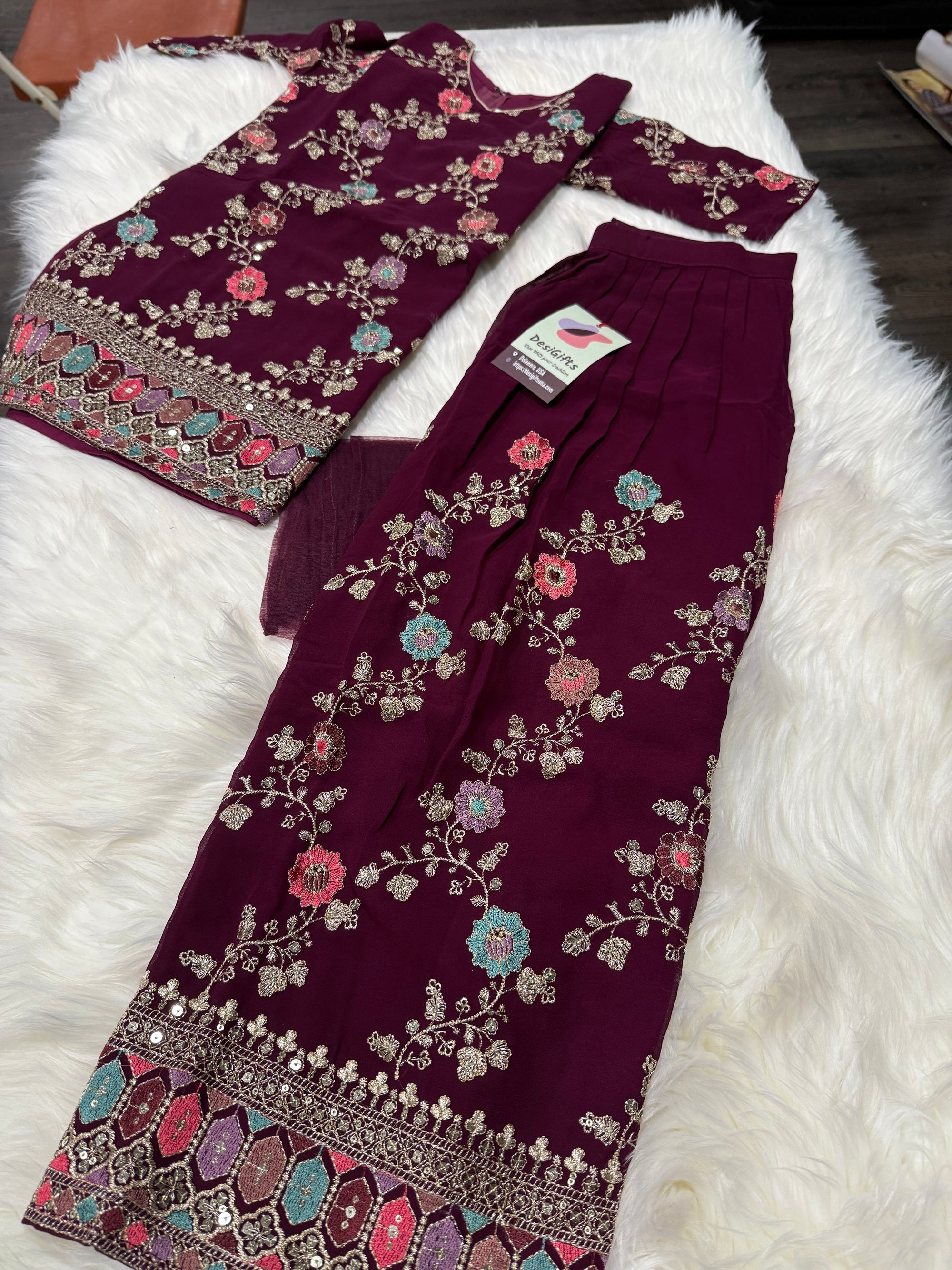 Girls’ Indian Ethnic Palazzo Suit – Dark Wine Shade with Heavy Embroidery & Sequins, GRL -1947