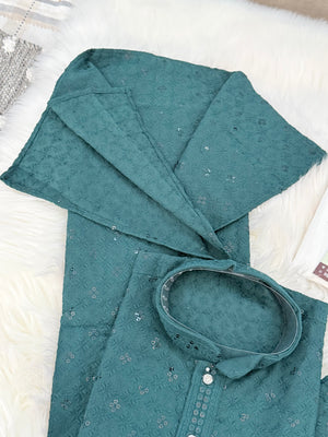 Men & Boys Green Rayon Chikankari with Sequins Kurta Pajama Set | Matching Father Son Festive Outfit with Sequin Work, DM -2078